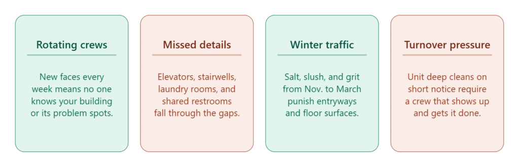 Four colored boxes list cleaning challenges in cleaning multi-tenant buildings: rotating crews, missed details, winter traffic, and turnover pressure—each highlighting key issues faced in building maintenance and cleaning.